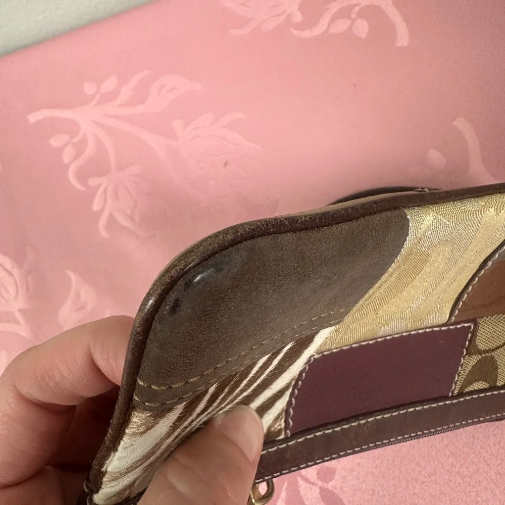 Coach Patchwork Wristlet Bag Leather Suede Zebra Hair Calf Brown Multi
